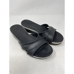 CROCS Wedge Sandals Heels Black White Women's US 8 Slide Comfort Open Toe